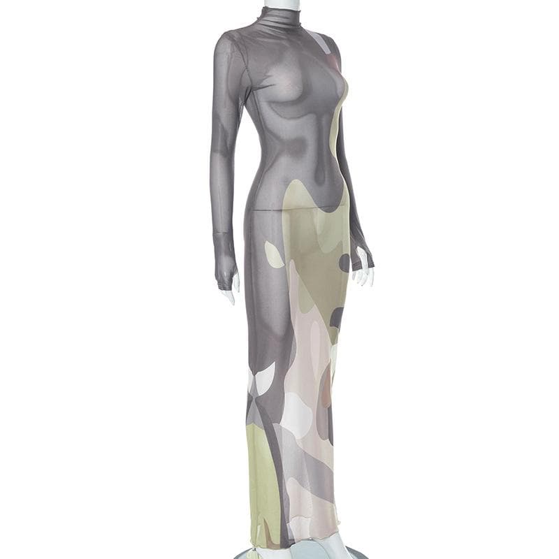 Long sleeve high neck print sheer mesh gloves maxi dress  | samba dress