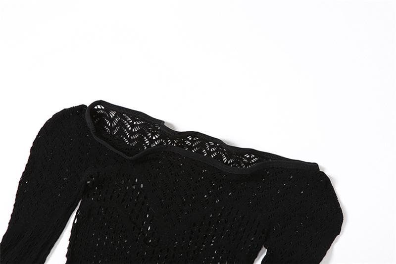 Long sleeve hollow out solid fishnet see through jumpsuit