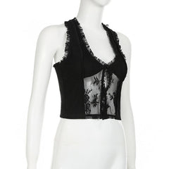 U neck lace ruffle hollow out tank cut out top