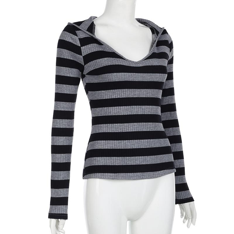 Hoodie v neck long sleeve striped knitted top