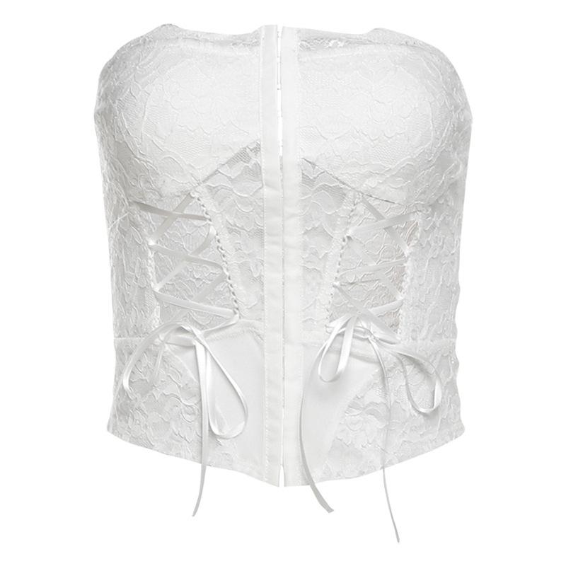 Lace hollow out lace up button tube top