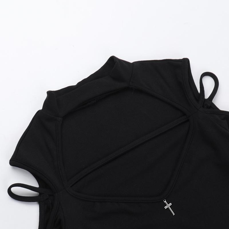 High neck long sleeve hollow out cross metal top