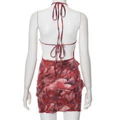Halter self tie flower print backless ruffle mini dress  | red tango dress