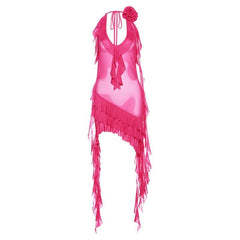 See through halter sheer mesh ruffle flower applique mini dress  | red tango dress  | samba dress