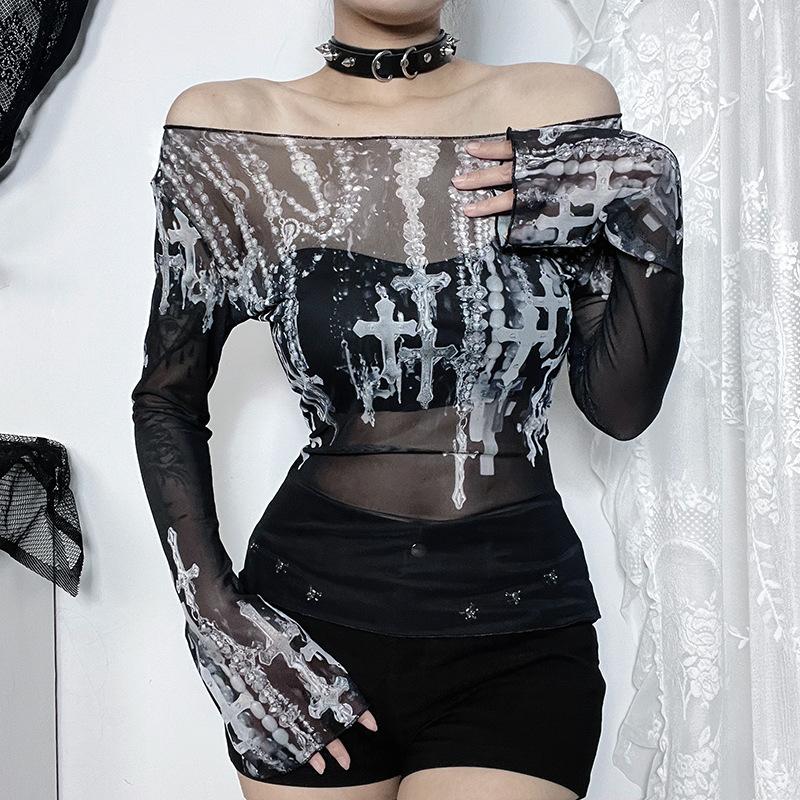 Long sleeve cross print off shoulder sheer mesh top