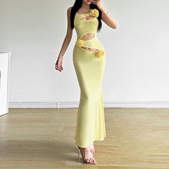 Hollow out rose applique solid cami maxi dress