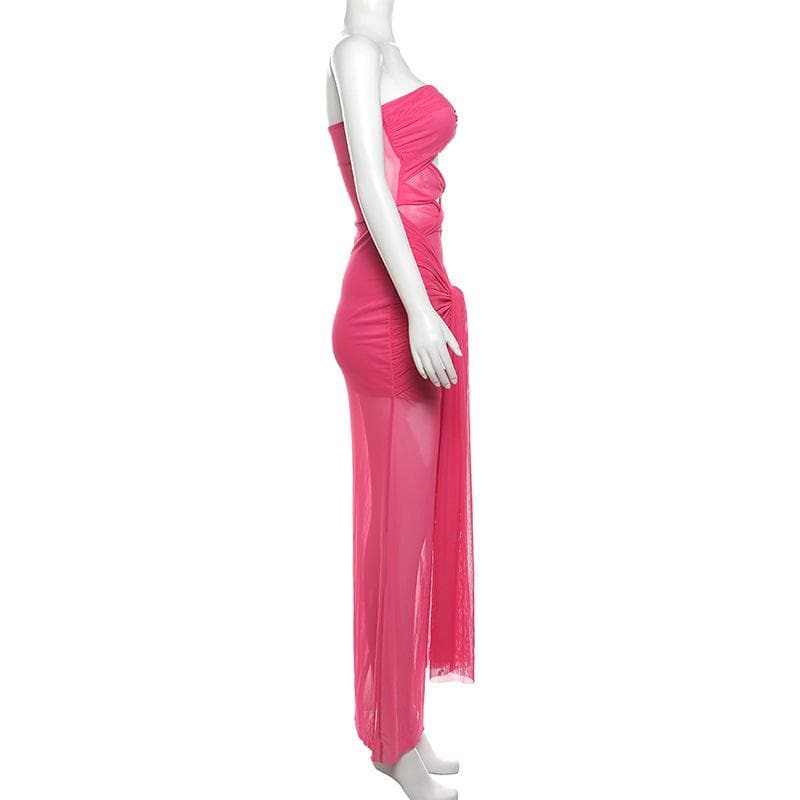 Mesh ruched hollow out see through tube cut out maxi dress  | red tango dress