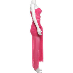 Mesh ruched hollow out see through tube cut out maxi dress  | red tango dress