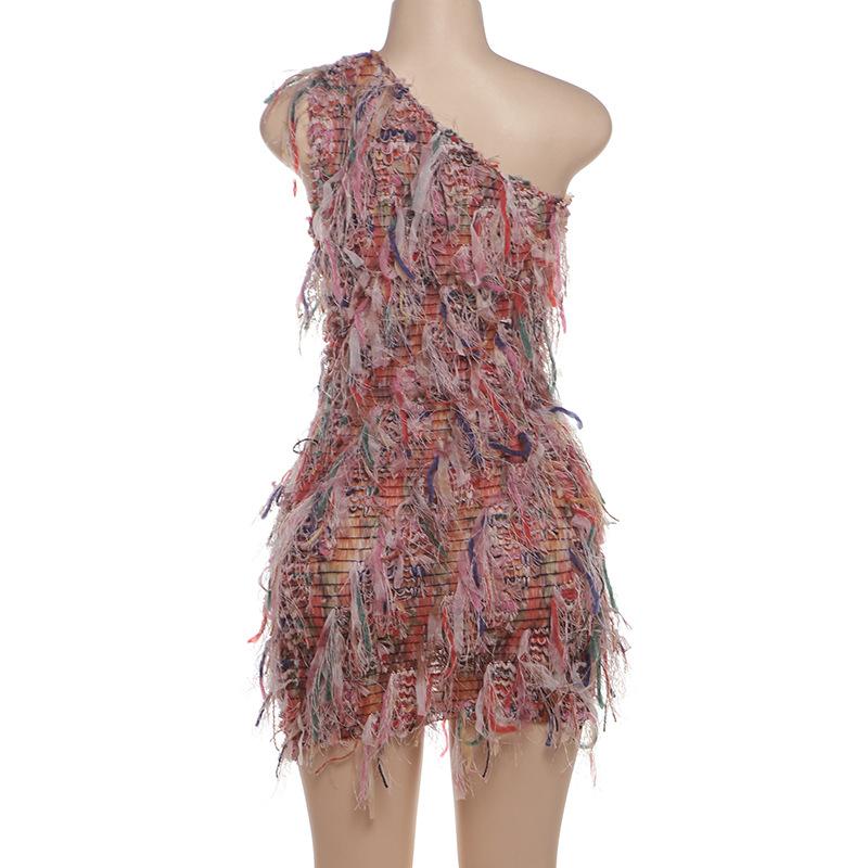 One shoulder irregular tassels contrast mini dress
