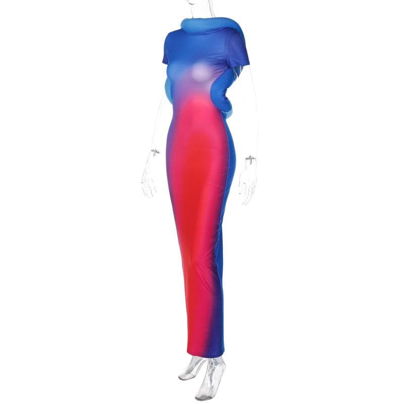 Short sleeve gradient backless maxi dress
