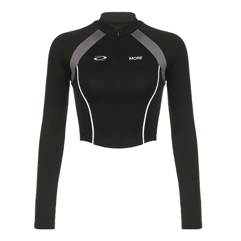 High neck zip-up long sleeve embroidery contrast top