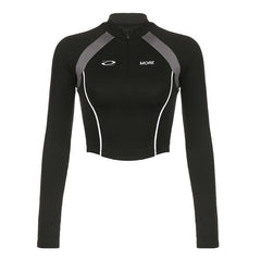 High neck zip-up long sleeve embroidery contrast top