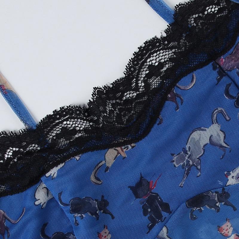 Lace hem print backless cami top