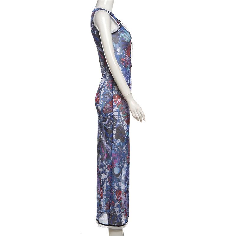 Sleeveless crewneck lace up print sheer mesh maxi dress  | samba dress