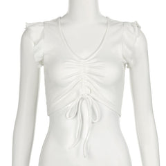 Cap sleeve drawstring ruched ribbed crop top