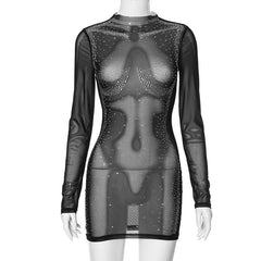 Long sleeve body pattern beaded sheer mesh mini dress  | samba dress