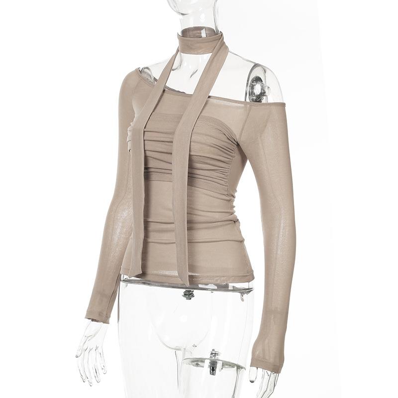 Long sleeve halter off shoulder ruched top