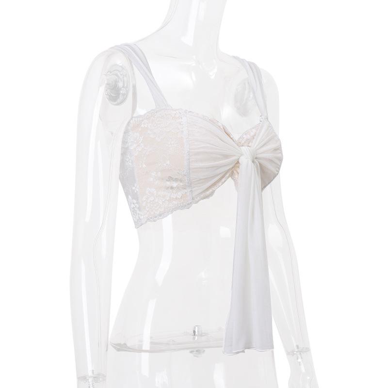 Lace mesh patchwork knotted crop cami top