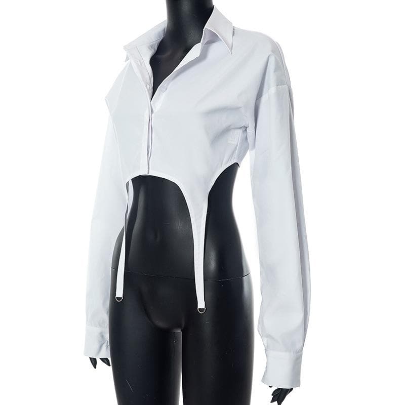 Turnover collar button long sleeve solid crop top