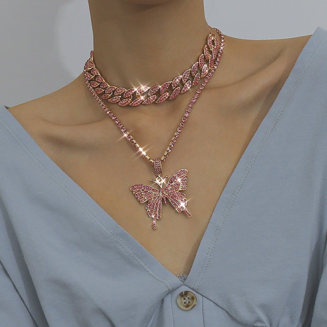 Butterfly pendant rhinestone cuban 2pcs necklace