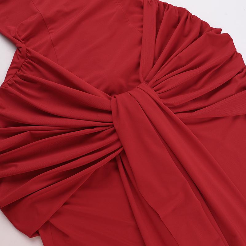 Off shoulder ruched knotted zip-up maxi dress  | red tango dress