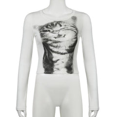 Long sleeve crewneck cat print top
