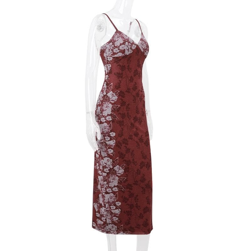 Flower print v neck backless mesh contrast cami midi dress  | red tango dress