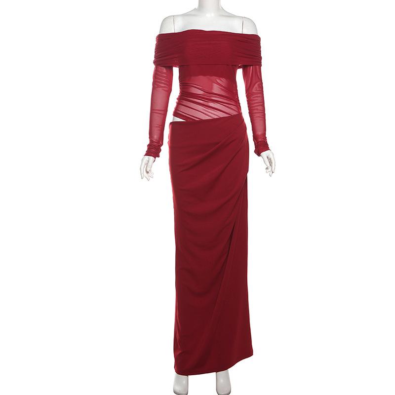 Off shoulder hollow out mesh maxi dress