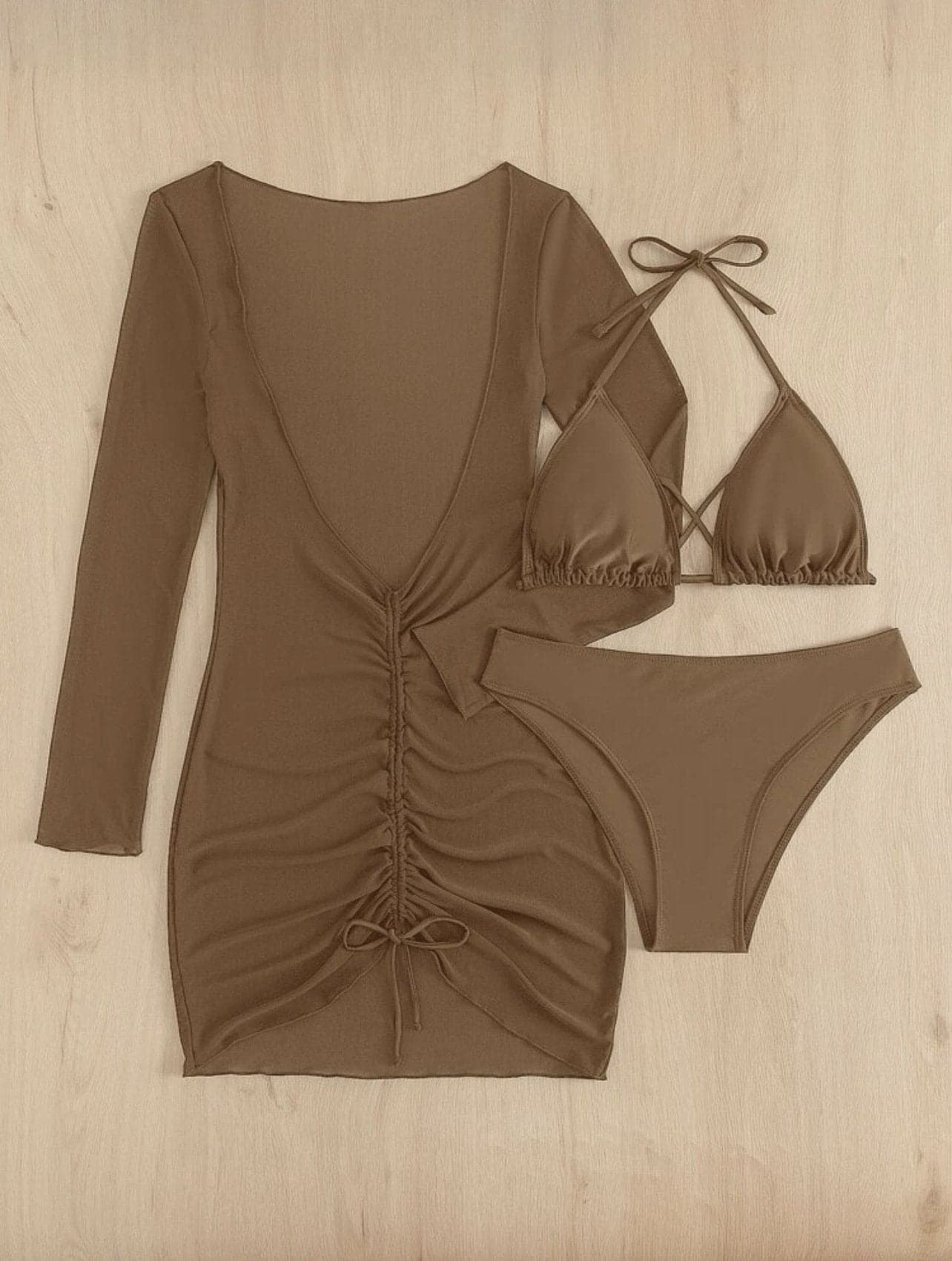 Solid cross back halter long sleeve ruched mini dress 3 piece swimwear  | red tango dress