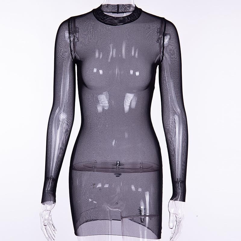 Sheer mesh see through solid long sleeve mini bodycon dress  | samba dress