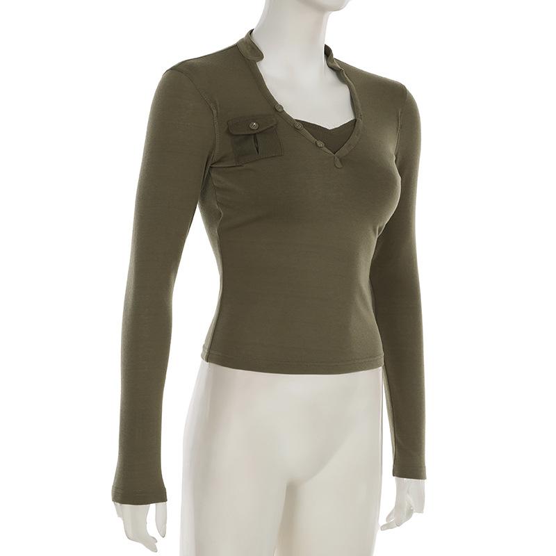 V neck long sleeve button top