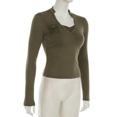 V neck long sleeve button top