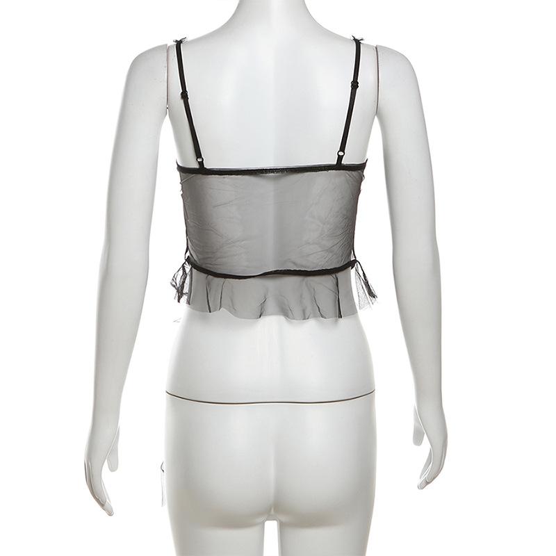 Mesh backless ruffle self tie cami top