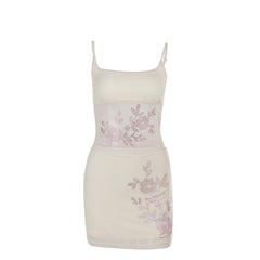 U neck beaded flower pattern mesh cami mini skirt set