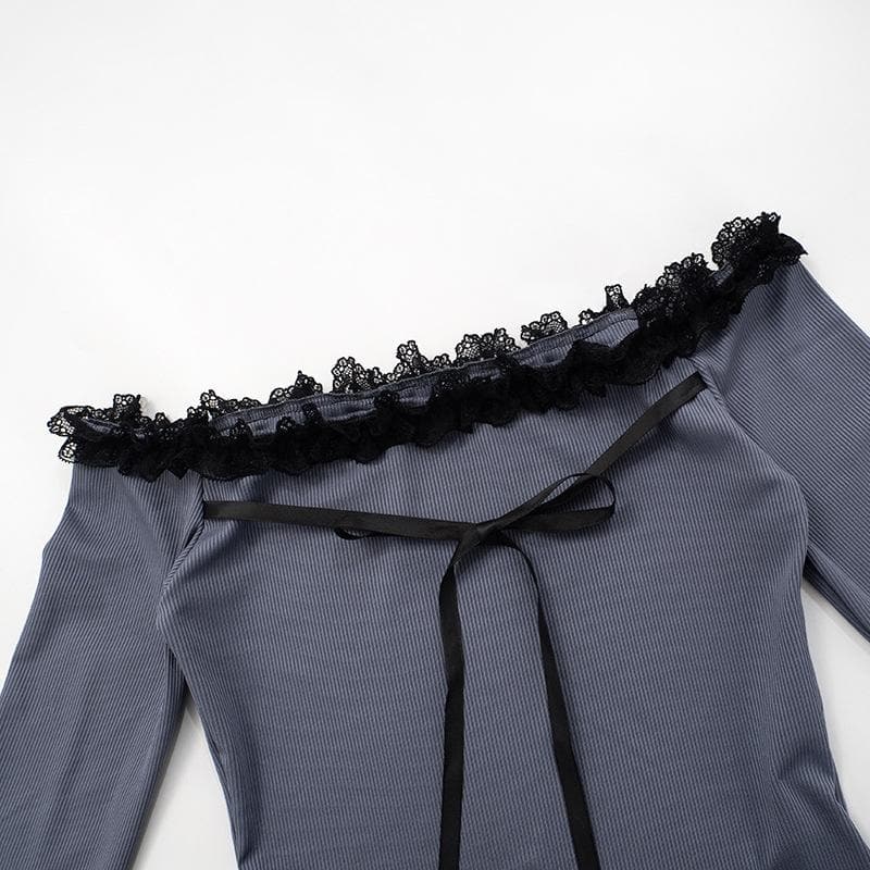 Long flared sleeve off shoulder bowknot lace hem top