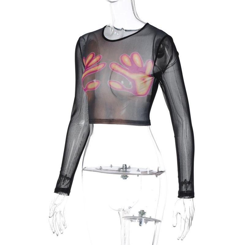 Long sleeve thermal palm print sheer mesh see through crop top