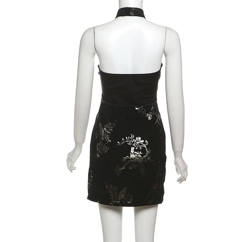 Halter print backless beaded button mini dress