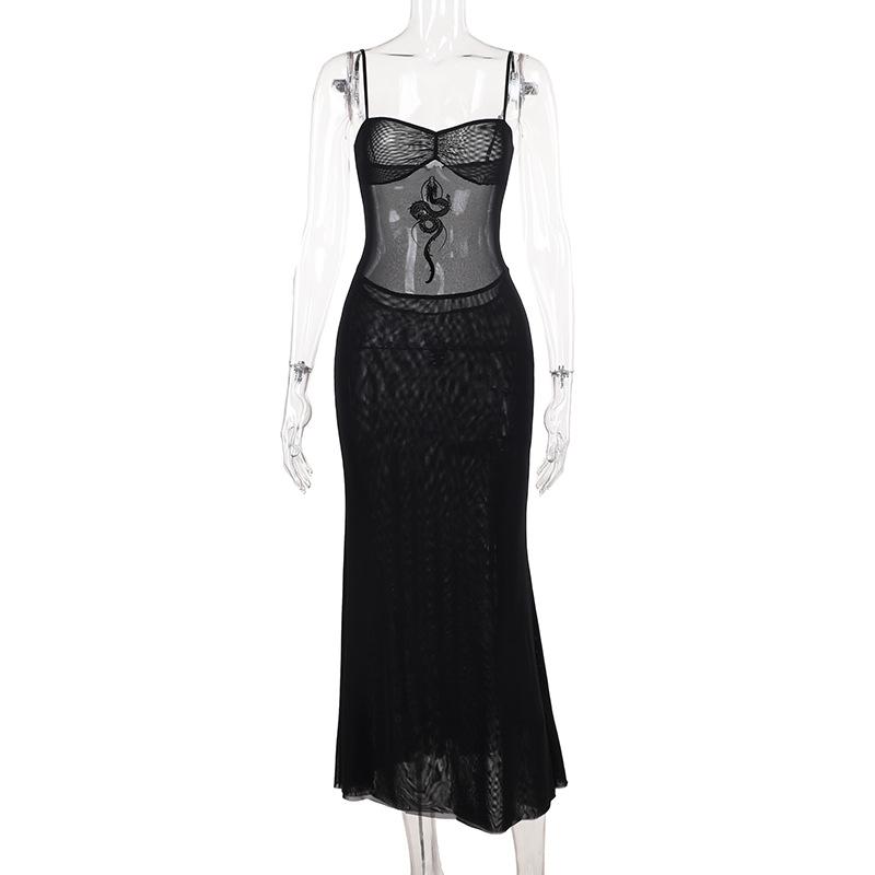 Sheer mesh dragon print ruched cami midi dress  | samba dress