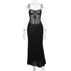 Sheer mesh dragon print ruched cami midi dress  | samba dress