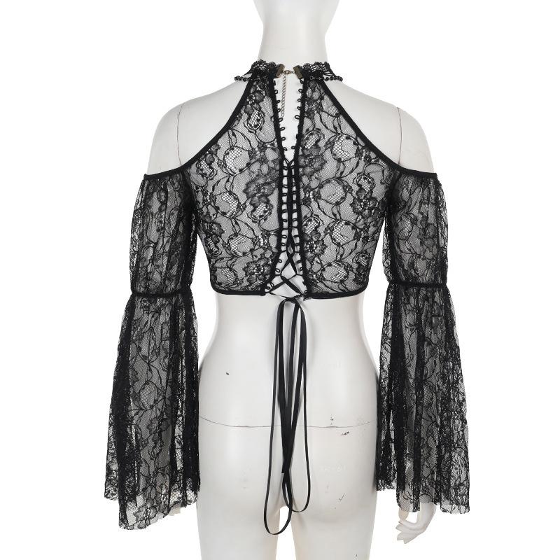 Long sleeve off shoulder lace hollow out shrug top