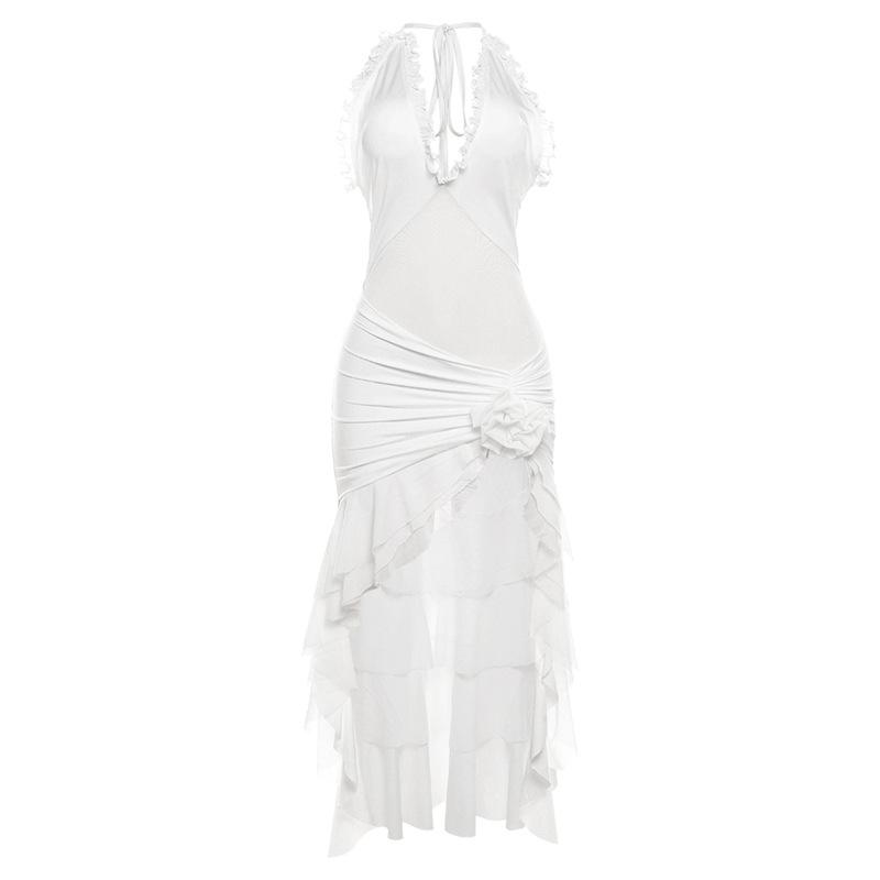 Halter ruffle ruched mesh flower applique maxi dress