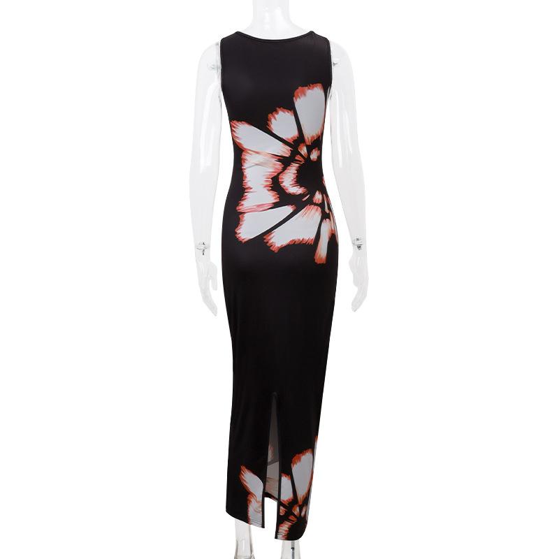 Crewneck hollow out print tank maxi dress