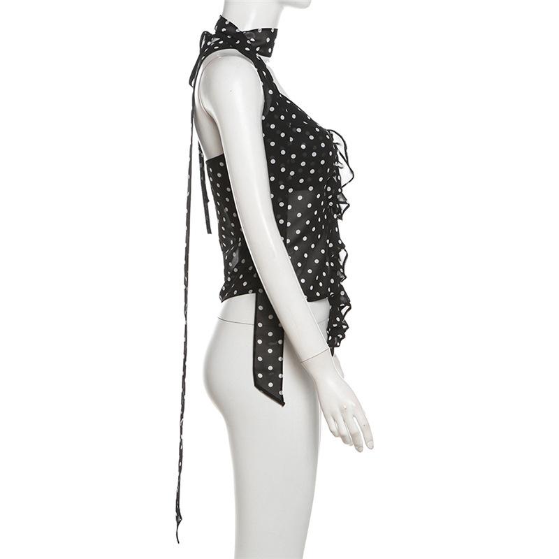 Halter polka dot ruffle chiffon 2 piece see through top