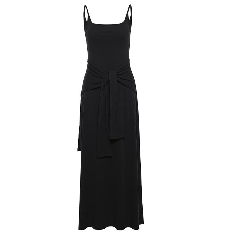 U neck knotted solid backless cami maxi dress