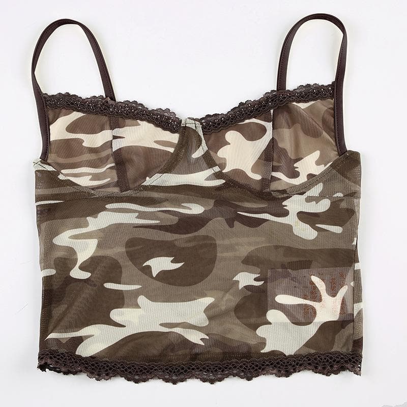 V neck mesh lace hem camouflage cami top
