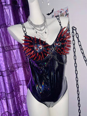 PU leather rivet metal chain bodysuit