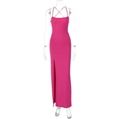 High slit ruched cross back solid cami maxi dress  | red tango dress  | black rave dress