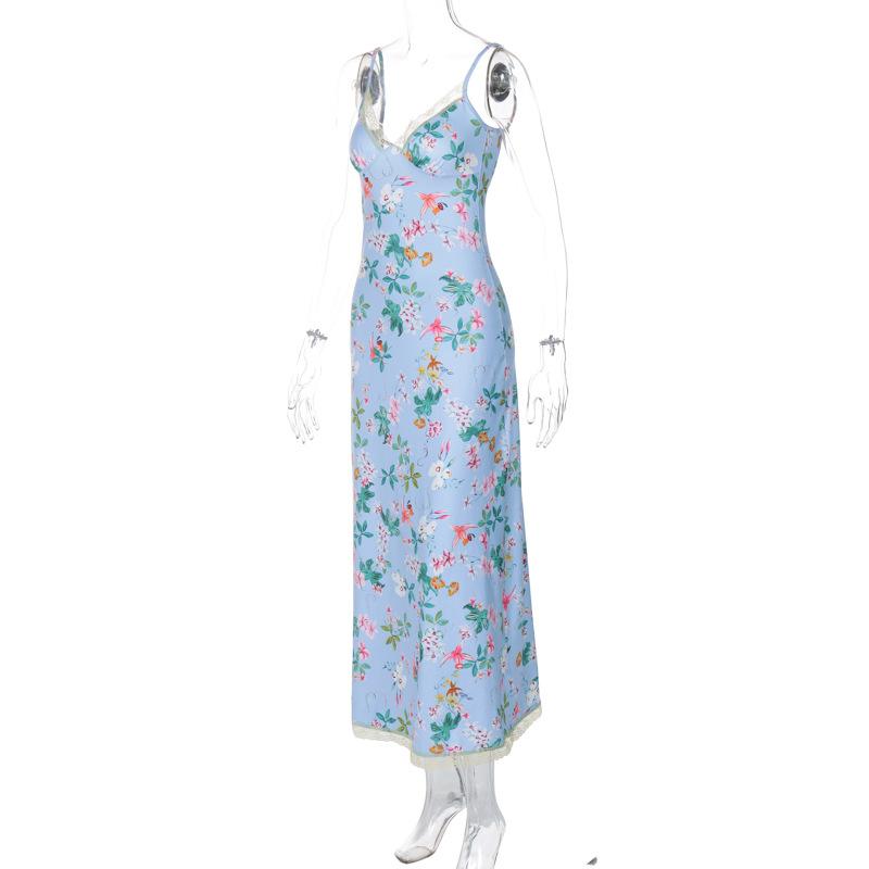 Print v neck lace hem knotted cami midi dress