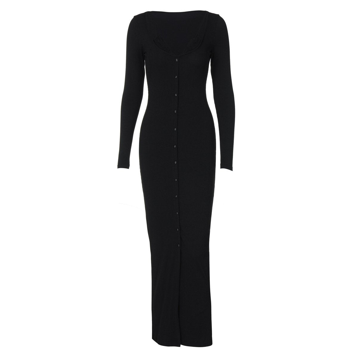 Long sleeve lace hem button maxi dress