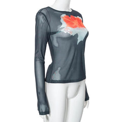 Long sleeve sheer mesh crewneck print top